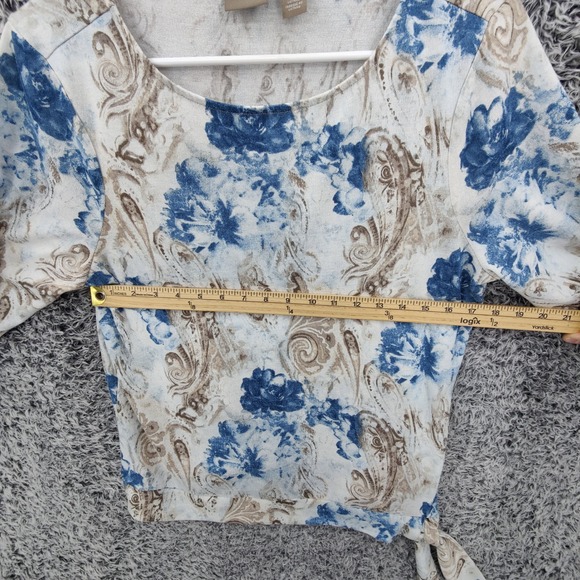 Chicos Womens Coastal Romantic Floral Paisley Side Tie Top 2 Large Blue White - Picture 2 of 16